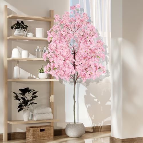 Mapleway Künstlicher Kirschblütenbaum, künstlicher Sakura-Baum mit realistischem Stamm und voller Blüte, rosa Seidenblumen im Kunststoff-Topf, Kunstpflanze für Zuhause, Innen- und Außenbereich von mapleway