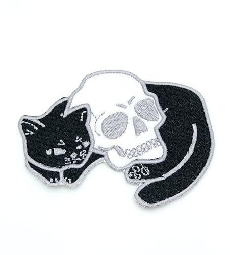 Cat Skull Patch Aufnäher – Abzeichen zum Aufnähen oder Aufbügeln – trendiges Modeaccessoire – einzigartiges dekoratives Logo für Jacken, Jeans und Taschen – Vintage – Bekleidung von martytradingOfficial