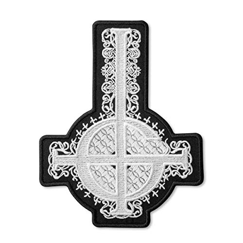 Ghost Band Bestickter Aufnäher - Grucifix Kreuz Symbol mit Schwarz-Weiß-Muster - Rock Bügelbilder - Heavy Metal Stickerei Emblem - Iron On Applique Patch für Biker - 13,2 x 16,8 cm von martytradingofficial
