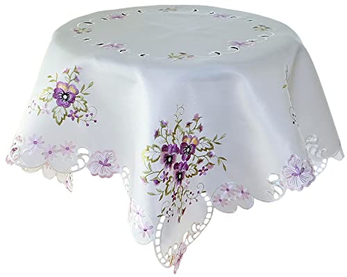 Tischdecke Elke 110 x 110 cm edle Stickerei mit lila Stiefmütterchen & Cutwork aus Polyester von matches21 HOME & HOBBY