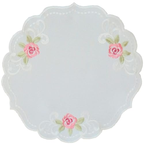 Tischdecke Margit Ø 30 cm Rosen Stickerei Elegantes rundes Deckchen weiß hochwertigem Polyester von matches21 HOME & HOBBY