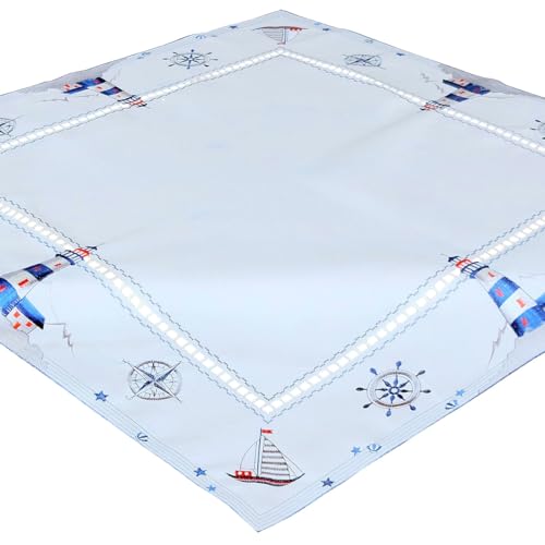 Tischdecke Verena 85 x 85 cm Maritime Stickerei Leuchttürmen & Segelboote Mitteldecke Polyester von matches21 HOME & HOBBY
