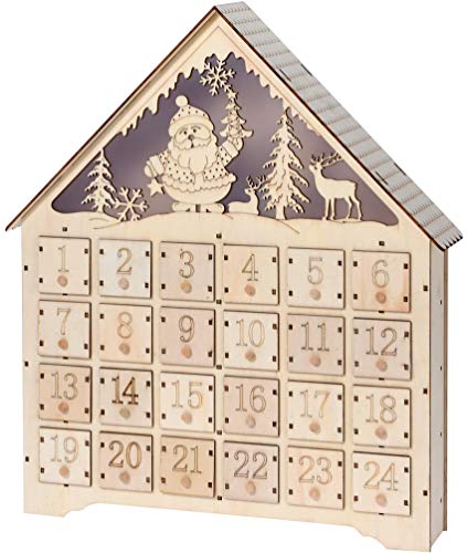 matrasa XXL Adventskalender aus Holz mit LED Beleuchtung zum Selbstbefüllen - 37,5 x 7,5 x 43,5 cm - Weihnachtsmann von matrasa