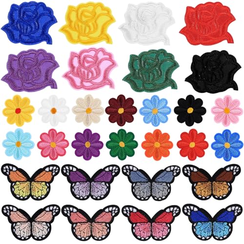 30 Hochwertige Bügel- & Aufnäh-Patches – 8 Schmetterlinge, 14 Gänseblümchen, 8 Rosen Applikationen für DIY-Kleidung, Rucksäcke, Jacken, Schuhe von mauuuba