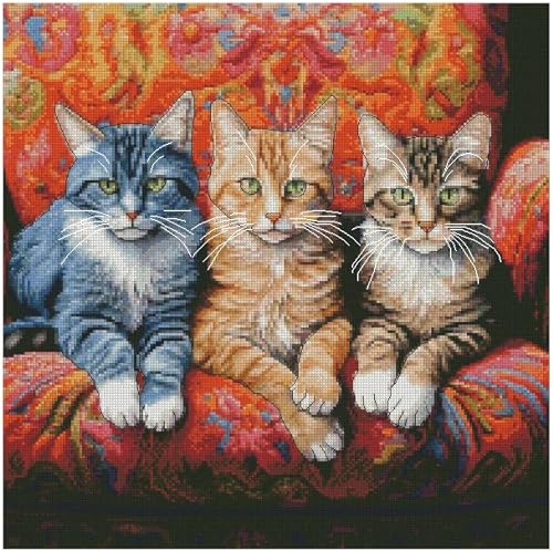 Kreuzstich-Set, 3 Katzen auf Sofa, 100 % Baumwolle, 200 x 200 Stiche, 36 x 36 cm, Kreuzstich nach Zählmuster von max stitch design