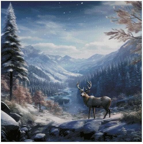 Kreuzstich-Set, Motiv: Hirsch im Winter, 14 Karat Baumwolle, 100 % Baumwolle, 14-fädig, 300 x 300 Stiche, 54 x 54 cm, Hirsch und Landschaft von max stitch design