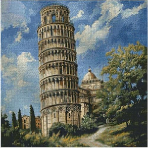 Kreuzstich-Set, Motiv: Turm von Pisa, der berühmte schiefe Turm, 150 x 150 Stich, 26 x 26 cm, Baumwolllandschaft von max stitch design