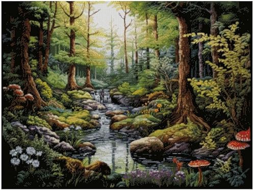 Kreuzstich-Set "A Stream in Summer", 14-fädig, 100 % Baumwolle, 300 x 220 Stiche, 54 x 40 cm, Baumwolle, Landschaft, 14 Karat von max stitch design