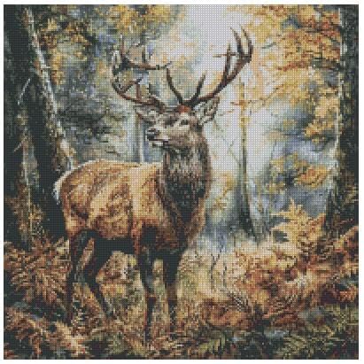 Kreuzstich-Set "Dear in Woods in Autum", 14 Karat, 200 x 200 Stich, 36 x 36 cm, Baumwolle, Motiv: Naturszene von max stitch design