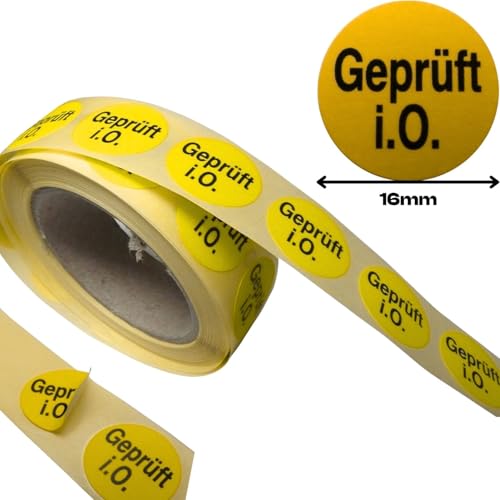 Aufkleber "geprüft i.o." in Ordnung rund 16mm 500 Stück/Rolle etiketten selbstkleber prüfplaketten in Farben Grün, Rot, Gelb, und Orange (Gelb) von maxgo