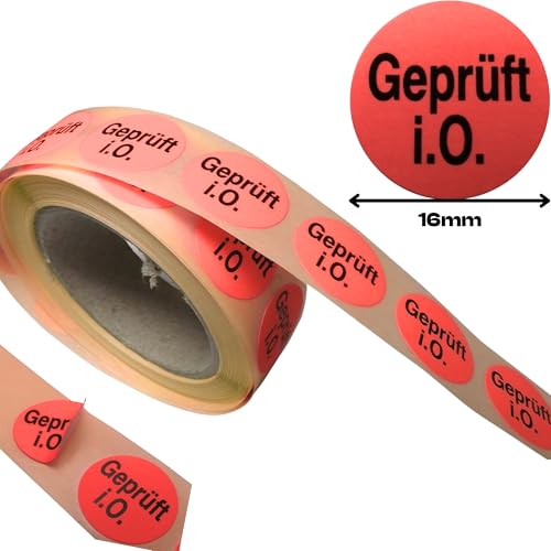Aufkleber "geprüft i.o." in Ordnung rund 16mm 500 Stück/Rolle etiketten selbstkleber prüfplaketten in Farben Grün, Rot, Gelb, und Orange (Rot) von maxgo