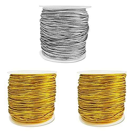 3 Rollen Metallic Elastic Cords Lametta, Maxin Metallic Elastic Cords Lametta zum Dekorieren, Basteln, Perlenstickerei, Schmuckherstellung, Gesamtlänge 82 Yards / 246 Fuß (2 Gold und 1 Silber) von maxin