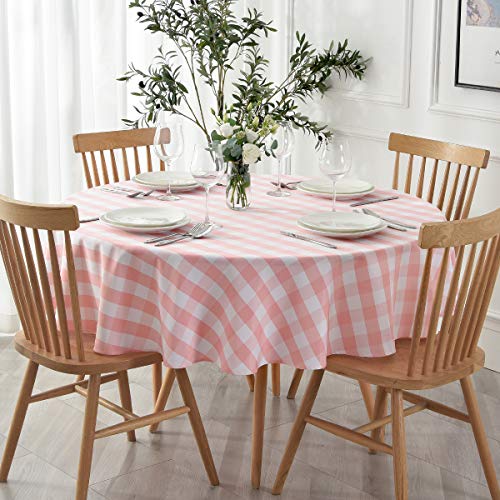 maxmill Runde karierte Tischdecke, auslaufsicher, knitterfrei, schweres Gingham-Tischtuch für runde Tischdecken, Büffelkariert, für Buffet, Bankett, Partys, Urlaub, Abendessen, 177,8 cm, Rosa und Weiß von maxmill