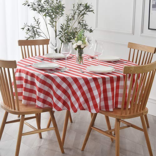 maxmill Runde karierte Tischdecke, auslaufsicher, knitterfrei, schweres Gingham-Tischtuch für runde Tischdecken, Büffelkariert, für Buffet, Bankett, Partys, Urlaub, Abendessen, 177,8 cm, rot und weiß von maxmill