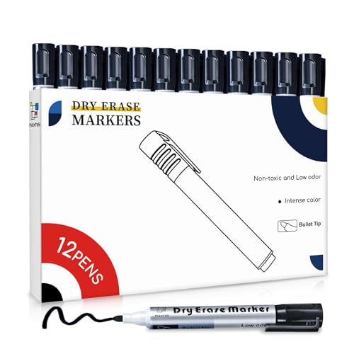 maxtek Whiteboard Marker 12 Whiteboard Stifte Rundspitze ca.2-3mm Linienbreite, Set mit schwarz hohe Qualität Geruchsarme Tinte, Zubehör für Schule, Büro, Zuhause von maxtek
