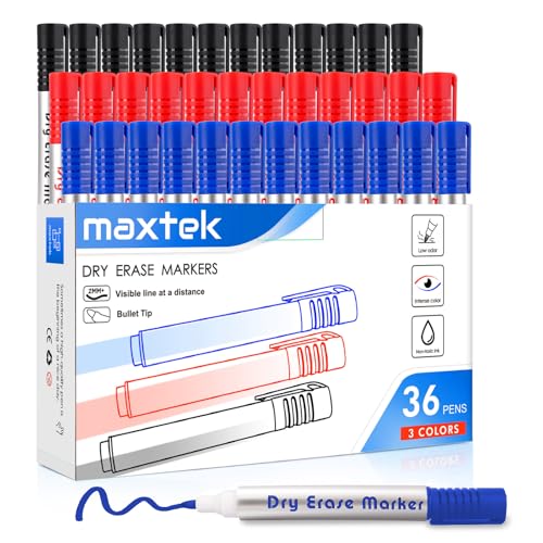 maxtek Whiteboard Marker, Whiteboard Stifte Abwischbar, Rundspitze ca.2-3mm Linienbreite, Set mit 3 Farben hohe Qualität Geruchsarme Tinte, Zubehör für Schule, Büro, Zuhause von maxtek