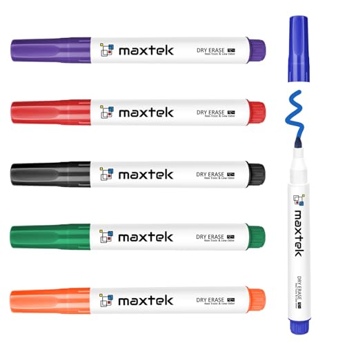 maxtek Whiteboard Marker, Whiteboard Stifte Abwischbar, Rundspitze, ca. 2mm Linienbreite, Trocken und Rückstandsfrei Abwischbar von Whiteboards (6 Farben, 6) von maxtek