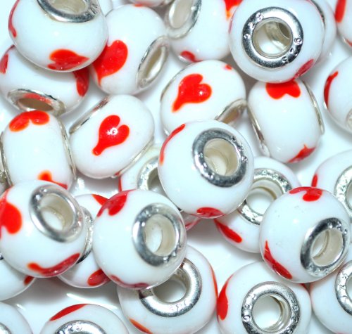 5 PCS Murano Glas Charme Perlen, versilbert, Korpus weiß,, Murano-Glas Versilbertes Metall, red heart von maxum