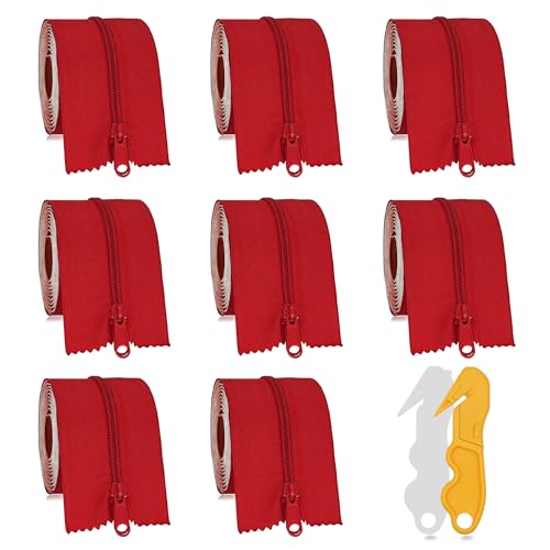 MAYOKEN® 8 Stück Selbstklebender Reißverschluss für Staubschutztür mit Reißverschluss, 220 cm x 7,6 cm, Rot, Hochleistungs-Doppelseitiger Reißverschluss für Staubschutzwände, Gewächshäuser, Bauzonen von mayoken