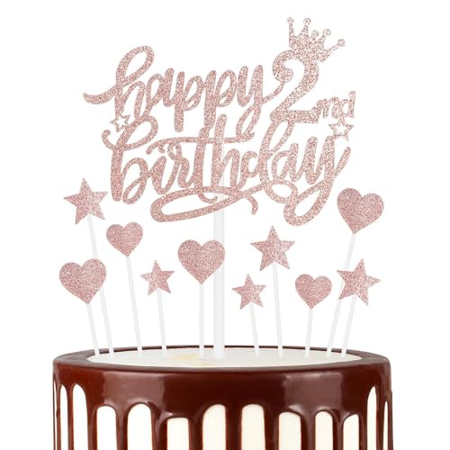 11pcs Happy 2nd Birthday Cake Toppers Rose Gold Cake Cupcake Toppers for Cake Glitter Heart Stars Cake Toppers Birthday Gift Personalised Cake Topper for Girls Babies 2nd Birthday Cake Decorations von mciskin