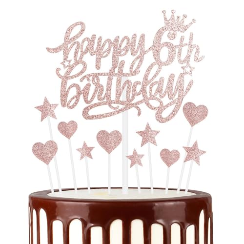 11pcs Happy 6th Birthday Cake Toppers Rose Gold Cake Cupcake Toppers for Cake Glitter Heart Stars Cake Toppers Birthday Gift Personalised Cake Topper for Girls Babies 6th Birthday Cake Decorations von mciskin