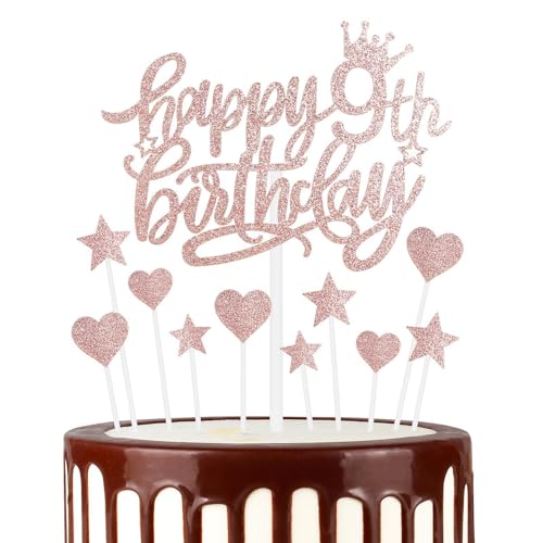 11pcs Happy 9th Birthday Cake Toppers Rose Gold Cake Cupcake Toppers for Cake Glitter Heart Stars Cake Toppers Birthday Gift Personalised Cake Topper for Girls Babies 9th Birthday Cake Decorations von mciskin