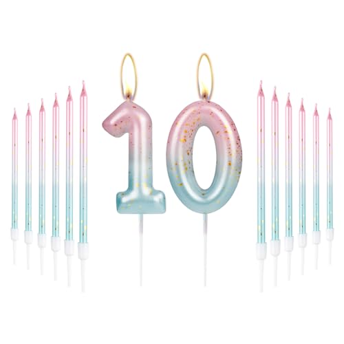 14 Stück Zahlenkerzen zum 10. Geburtstag, bunte 10 Kerzen mit rosa blauen langen Kerzen für Kuchen, Kuchen, Kuchen, Topper für Jungen, Mädchen, Männer, Frauen, Geburtstagsparty-Dekorationen, von mciskin
