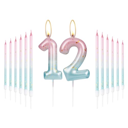 14 Stück Zahlenkerzen zum 12. Geburtstag, bunte 12 Kerzen mit rosa blauen langen Kerzen für Kuchen, Kuchen, Kuchen, Topper für Jungen, Mädchen, Männer, Frauen, Geburtstagsparty-Dekorationen, von mciskin