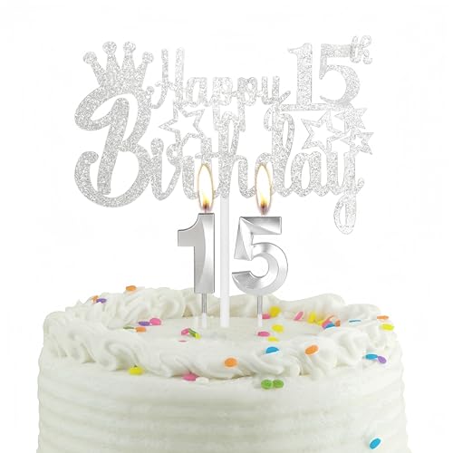 15-jähriges Silber Geburtstag Kuchen Kerze, Partykerze mit Tortenaufsatz, Silber Party Kerze Cake Topper für Jungen Mädchen Männer Frauen, 15 Geburtstag Dekoration, Hochzeitstag 15-jähriges Silber Geburtstag Kuchen Kerze, Partykerze mit Tortenaufsatz, Silber Party Kerze Cake Topper für Jungen Mädchen Männer Frauen, 15 Geburtstag Dekoration, Hochzeitstag von mciskin