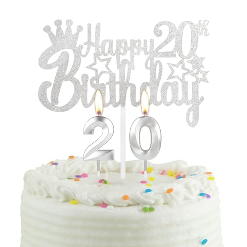 20-jähriges Silber Geburtstag Kuchen Kerze, Partykerze mit Tortenaufsatz, Silber Party Kerze Cake Topper für Jungen Mädchen Männer Frauen, 20 Geburtstag Dekoration, Hochzeitstag von mciskin