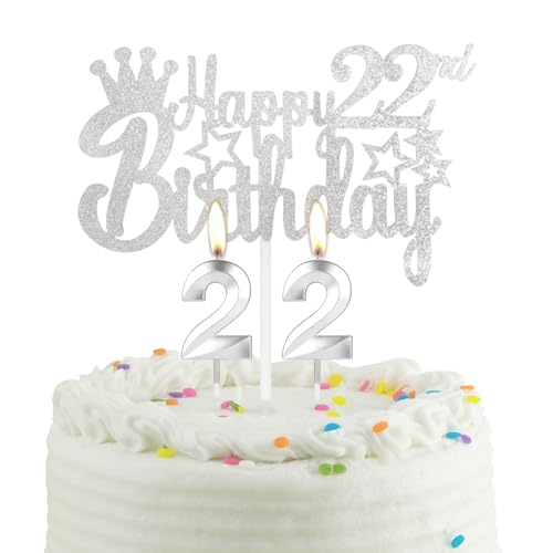 22-jähriges Silber Geburtstag Kuchen Kerze, Partykerze mit Tortenaufsatz, Silber Party Kerze Cake Topper für Jungen Mädchen Männer Frauen, 22 Geburtstag Dekoration, Hochzeitstag von mciskin