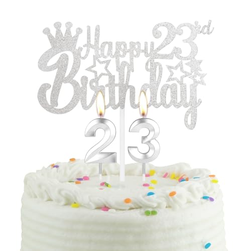 23-jähriges Silber Geburtstag Kuchen Kerze, Partykerze mit Tortenaufsatz, Silber Party Kerze Cake Topper für Jungen Mädchen Männer Frauen, 23 Geburtstag Dekoration, Hochzeitstag von mciskin