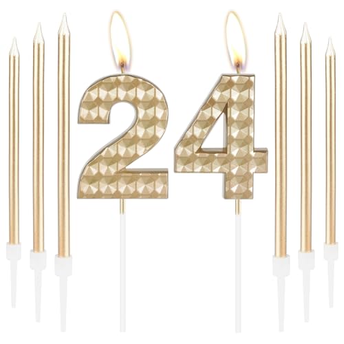 Champagner Gold Kerzen zum 24th Geburtstag, Dekoration für Mädchen, Dekoration zum 24. Geburtstag,3D-Zahl 24,Gold lange Kerze,Gold Kerzen-Kuchenaufsatz für Mädchen, Kinder, Frauen, Geburtstagsparty von mciskin