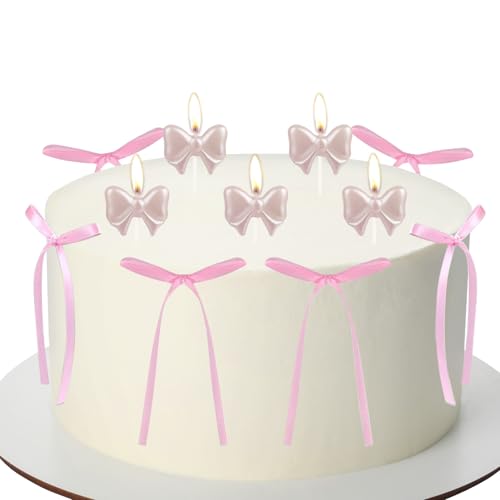 5 x Kerzen und 10 x rosa Schleifenknoten-Kuchen-Sets, Schleifen-Kuchendekorationen, Hochzeitstags-Kuchendekorationen, Geschenkverpackung, rosa Schleife, Weihnachtsbaumschmuck. von mciskin