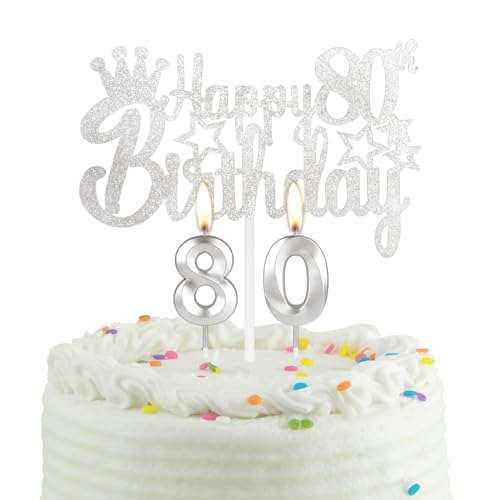 80-jähriges Silber Geburtstag Kuchen Kerze, Partykerze mit Tortenaufsatz, Silber Party Kerze Cake Topper für Jungen Mädchen Männer Frauen, 80 Geburtstag Dekoration, Hochzeitstag von mciskin