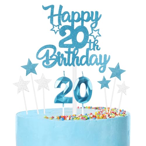 Blaue 20th Geburtstag Kerzen Set, blaue Zahlenkerzen 20 Kerzen für Kuchen, 3D blaue GeburtstagKerze, Herzlichen Glückwunsch zum Geburtstag Kuchen Toppers für Junge Mädchen Geburtstagsparty Dekoration von mciskin