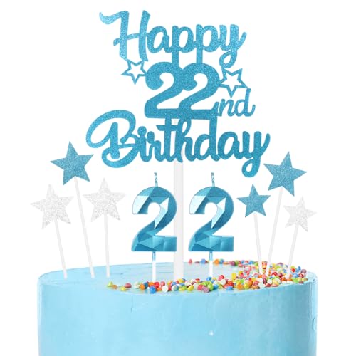 Blaue 22th Geburtstag Kerzen Set, blaue Zahlenkerzen 22 Kerzen für Kuchen, 3D blaue GeburtstagKerze, Herzlichen Glückwunsch zum Geburtstag Kuchen Toppers für Junge Mädchen Geburtstagsparty Dekoration von mciskin
