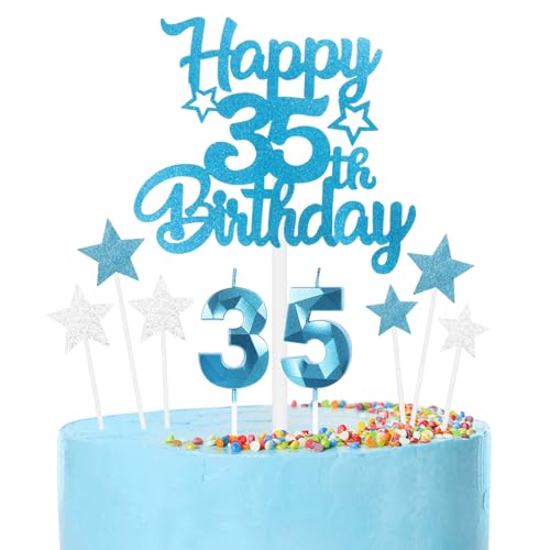 Blaue 35th Geburtstag Kerzen Set, blaue Zahlenkerzen 35 Kerzen für Kuchen, 3D blaue GeburtstagKerze, Herzlichen Glückwunsch zum Geburtstag Kuchen Toppers für Frauen Männer Geburtstagsparty Dekoration von mciskin
