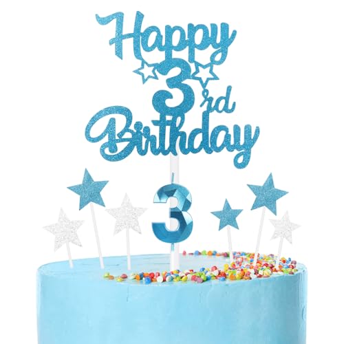 mciskin blaue zum 3. Geburtstagskerzen Kuchentoppe Set, zum 3.Geburtstag Dekor für Jungen,Zahl 3 kerzen für Kuchen,blaue silber Kuchentoppe mit Stern für Mädchen und Jungen Geburtstag Partei von mciskin