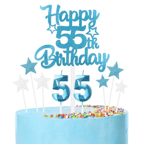 Blaue 55th Geburtstag Kerzen Set, blaue Zahlenkerzen 55 Kerzen für Kuchen, 3D blaue GeburtstagKerze, Herzlichen Glückwunsch zum Geburtstag Kuchen Toppers für Frauen Männer Geburtstagsparty Dekoration von mciskin