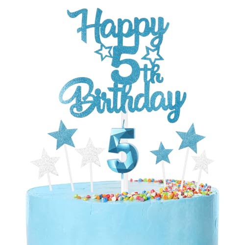 Blaue 5th Geburtstag Kerzen Set, blaue Zahlenkerzen 5 Kerzen für Kuchen, 3D blaue Zahl GeburtstagKerze, Herzlichen Glückwunsch zum Geburtstag Kuchen Toppers für Junge Mädchen Geburtstagsparty Dekor von mciskin