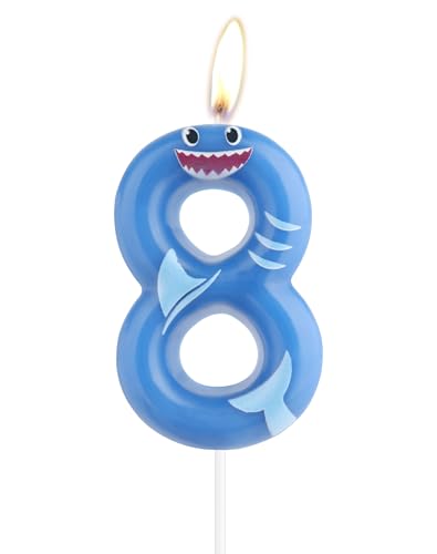 Blaue Hai-Kerzen, Zahl 8, Geburtstagskerzen, Haifisch-Party-Topper für Kuchen, 8. Happy Birthday-Kerze, Hai-Themenparty-Dekorationen für Jungen, Mädchen, Baby von mciskin