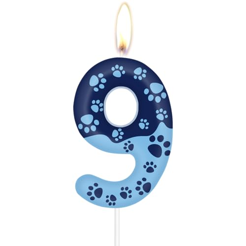 Blaue Hundepfotenkerze zum 9th Geburtstag, blaue Hundepfoten Kuchendekorationen Partykerze, blaue Zahl 9 Kerze für Kuchen, Kuchendekoration für Jungen Mädchen 9th Geburtstag,Pet Party Deko Zubehör von mciskin