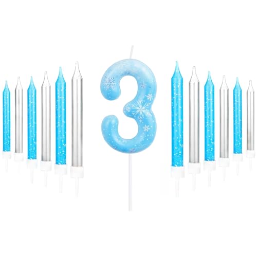 mciskin Blaue Schneeflocke Geburtstagskerze, glänzend blauer Farbverlauf, 3er Pack mit langem Stab, geruchlos und rauchfrei, für Jungen, Mädchen und Baby von mciskin