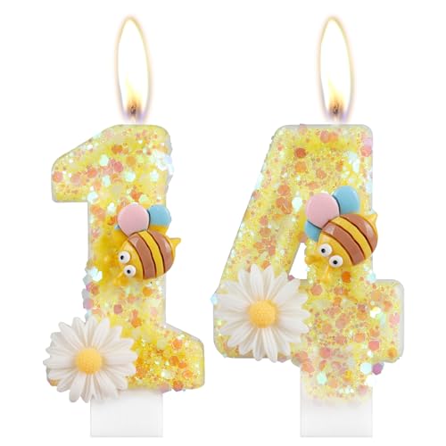 Blume Geburtstagskerzen, Zahl 14 Kerzen mit Biene für Kuchen, Mädchen 14 Geburtstag Dekorationen, Gelb Glitzer Geburtstagskerzen Honigbiene Kuchen Kerzen Topper für Mädchen Baby Geburtstag Party Blume Geburtstagskerzen, Zahl 14 Kerzen mit Biene für Kuchen, Mädchen 14 Geburtstag Dekorationen, Gelb Glitzer Geburtstagskerzen Honigbiene Kuchen Kerzen Topper für Mädchen Baby Geburtstag Party von mciskin