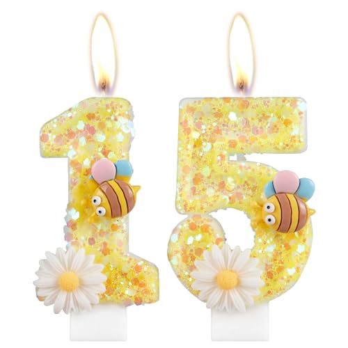 Blume Geburtstagskerzen, Zahl 15 Kerzen mit Biene für Kuchen, Mädchen 15 Geburtstag Dekorationen, Gelb Glitzer Geburtstagskerzen Honigbiene Kuchen Kerzen Topper für Mädchen Baby Geburtstag Party von mciskin