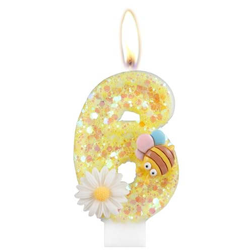 Blume Geburtstagskerzen, Zahl 6 Kerzen mit Biene für Kuchen, Mädchen 6. Geburtstag Dekorationen, Gelb Glitzer Geburtstagskerzen, Honigbienenkuchenkerzen Toppers für Mädchen Baby Geburtstag Party Blume Geburtstagskerzen, Zahl 6 Kerzen mit Biene für Kuchen, Mädchen 6. Geburtstag Dekorationen, Gelb Glitzer Geburtstagskerzen, Honigbienenkuchenkerzen Toppers für Mädchen Baby Geburtstag Party von mciskin