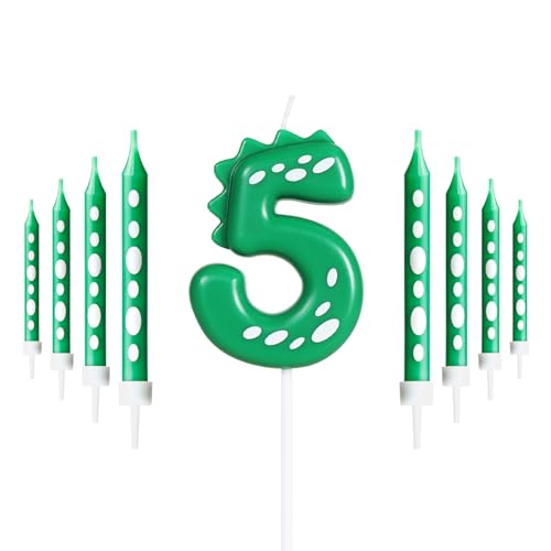 Dinosaurier Grün Geburtstagskerzen und 8 Grün Weiß Kerzen, Geburtstag Kuchen Dekoration für Jungen und Mädchen Party Supplies (Grün, 5) von mciskin