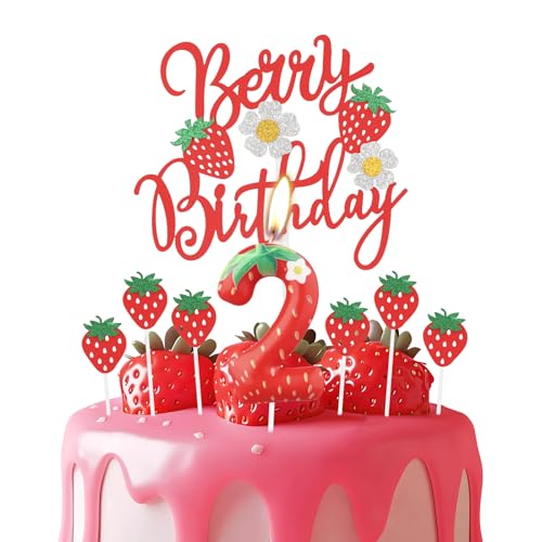 Erdbeere 2 Geburtstagskerzen, rote Erdbeere Nummer 2 Kerze für Kuchen, rote Beere Geburtstagskuchenaufsätze mit weißen Blumen, Erdbeer Themen für Mädchen und Jungen 2nd Geburtstag Dekorationen von mciskin