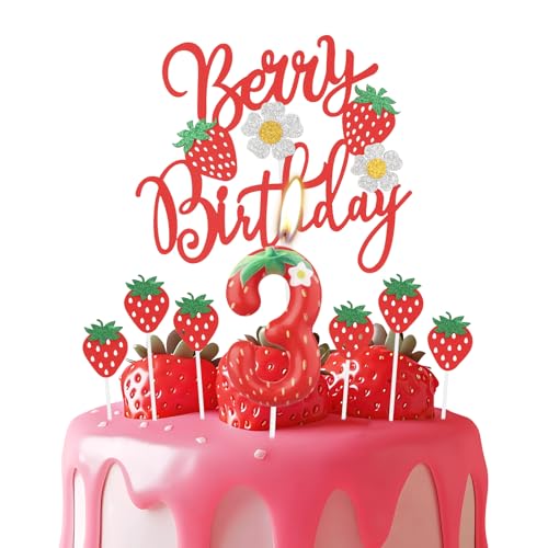 Erdbeere 3 Geburtstagskerzen, rote Erdbeere Nummer 3 Kerze für Kuchen, rote Beere Geburtstagskuchenaufsätze mit weißen Blumen, Erdbeer Themen für Mädchen und Jungen 3rd Geburtstag Dekorationen von mciskin